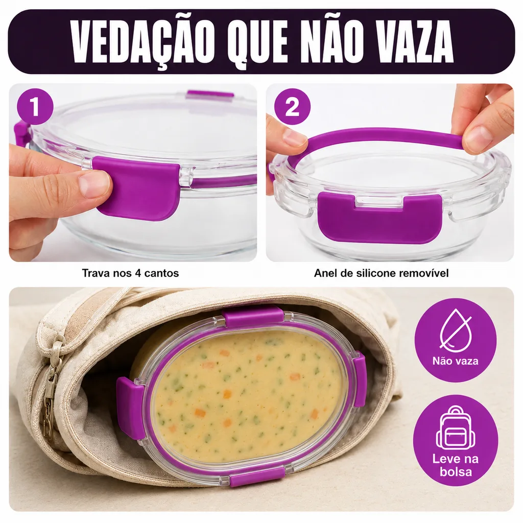 Vedação que não vaza: trava nos 4 cantos e anel de silicone removível