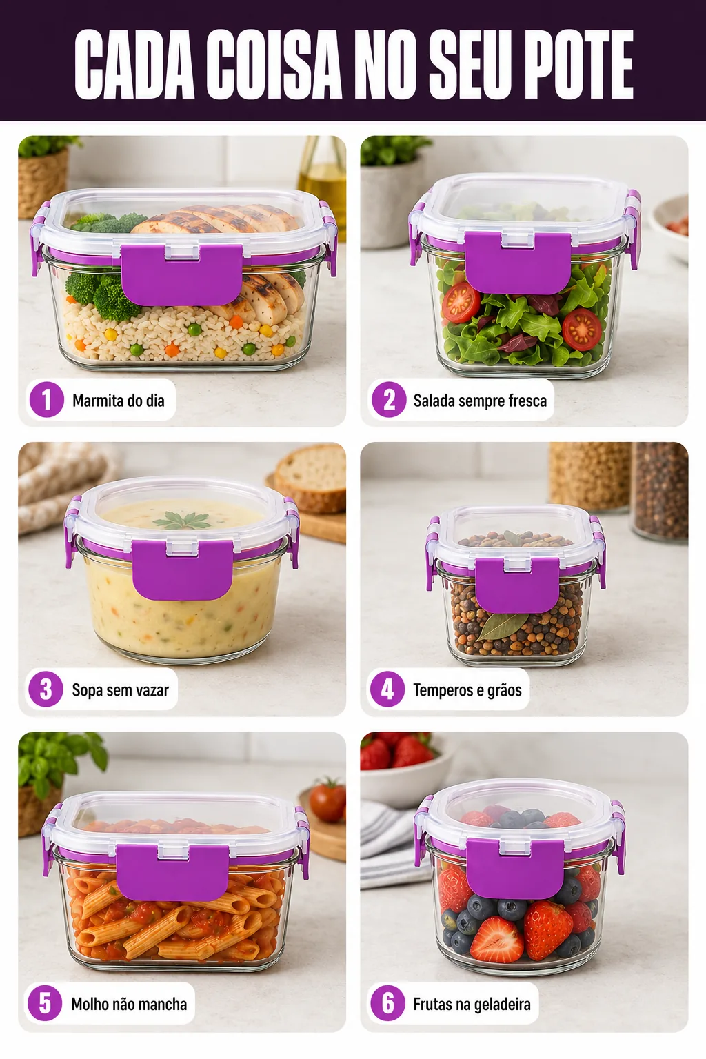 Cada coisa no seu pote: marmita, salada, sopa, temperos, molho e frutas